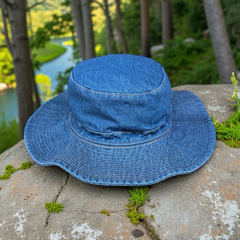 Vintage 90s Blue Denim Adult Bucket Fishing Outdoors Boonie Stitched Hat Cap OS